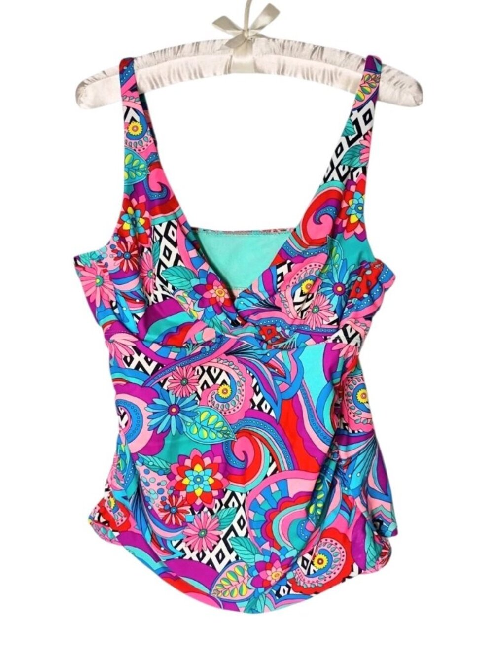 Catalina Abstract Mod Swim Tankini Top L Colorful Artsy Beach Stretch